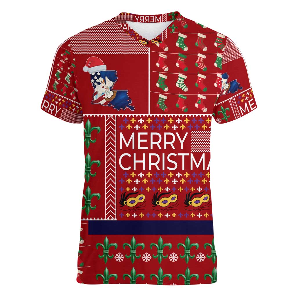 Louisiana Merry Christmas Women V-Neck T-Shirt Xmas Holiday Patterns - Wonder Print Shop