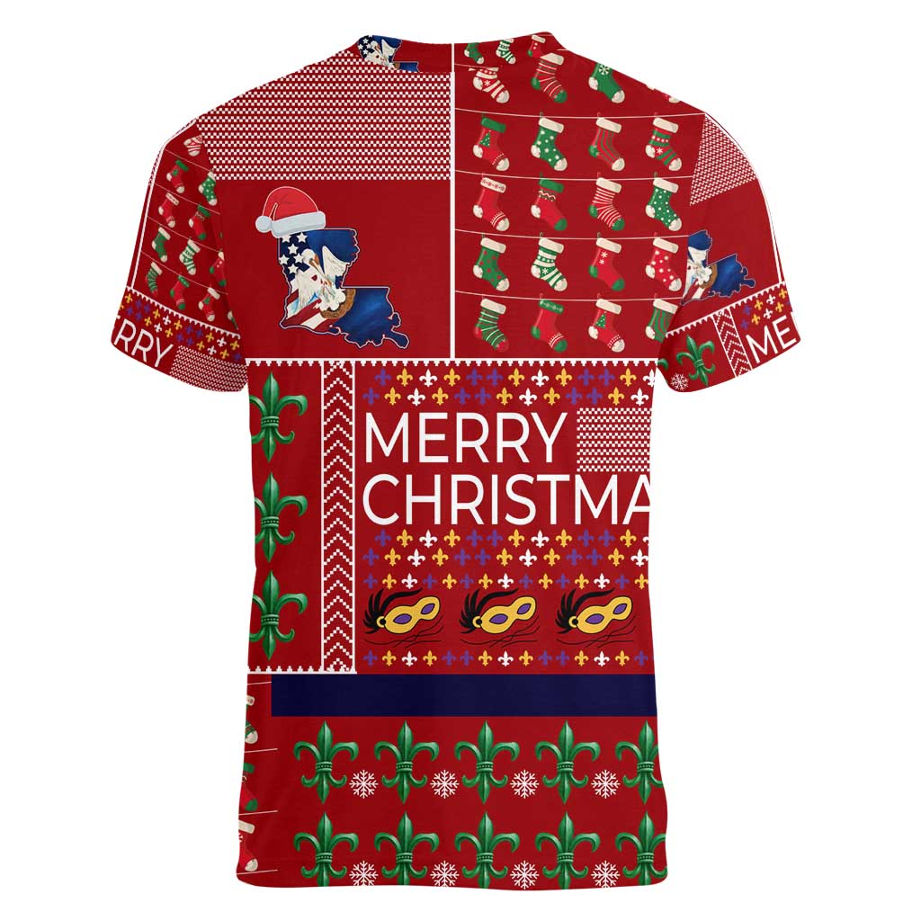 Louisiana Merry Christmas Women V-Neck T-Shirt Xmas Holiday Patterns - Wonder Print Shop