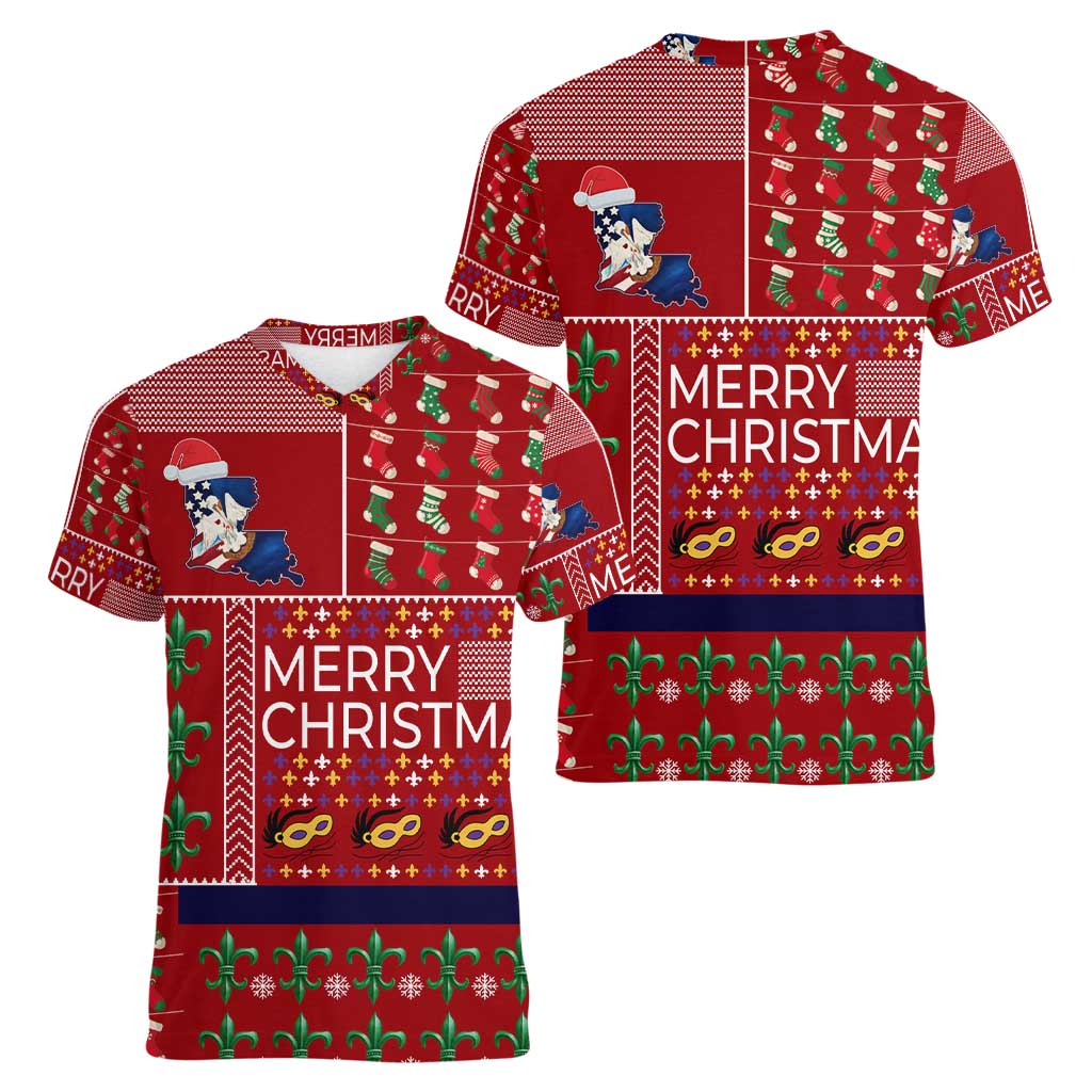 Louisiana Merry Christmas Women V-Neck T-Shirt Xmas Holiday Patterns - Wonder Print Shop