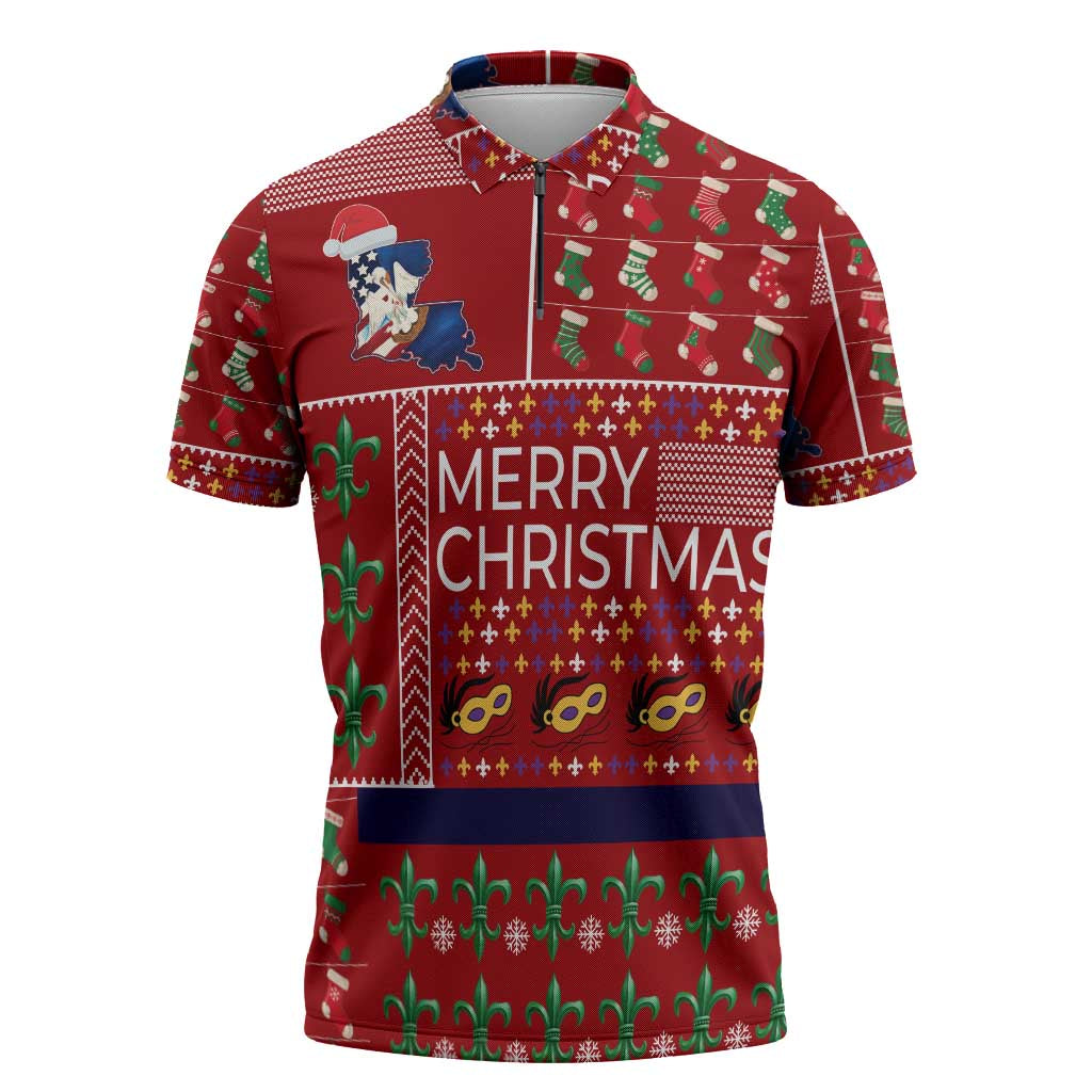 Louisiana Merry Christmas Zipper Polo Shirt Xmas Holiday Patterns - Wonder Print Shop