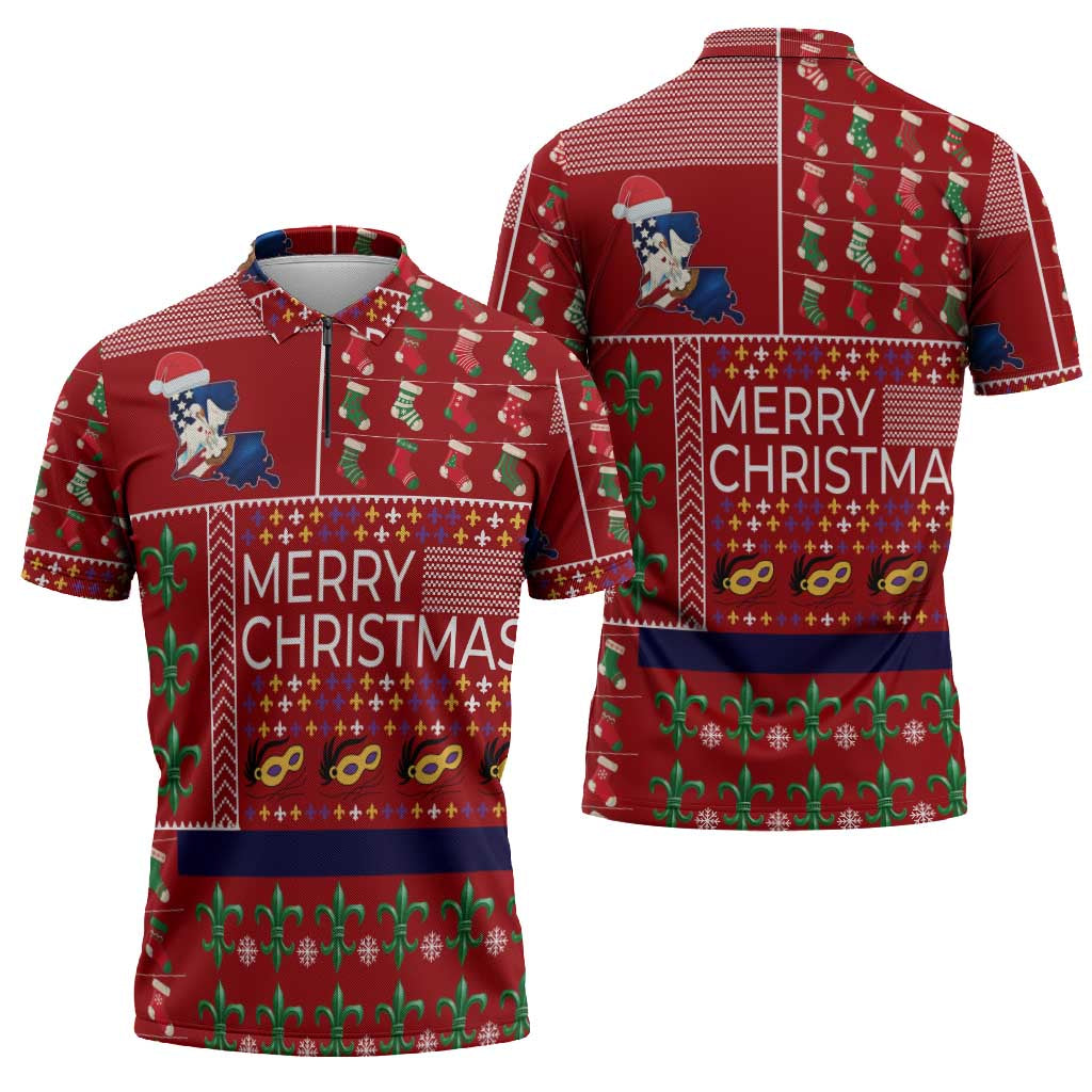 Louisiana Merry Christmas Zipper Polo Shirt Xmas Holiday Patterns - Wonder Print Shop