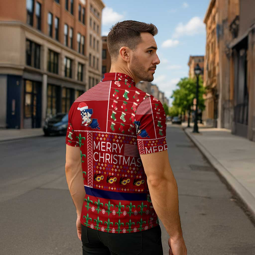 Louisiana Merry Christmas Zipper Polo Shirt Xmas Holiday Patterns - Wonder Print Shop