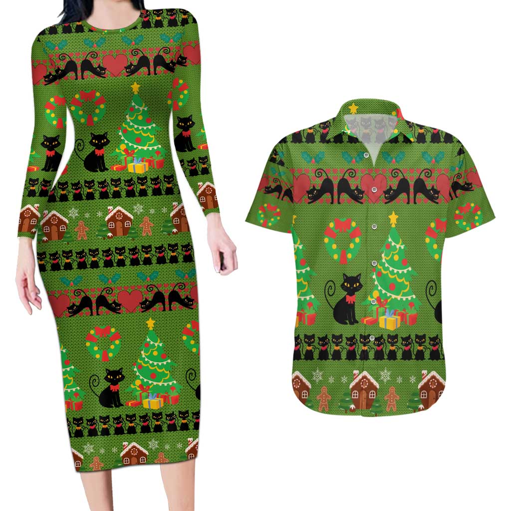 Love Black Cat Christmas Couples Matching Long Sleeve Bodycon Dress and Hawaiian Shirt Xmas Holiday Patterns - Wonder Print Shop