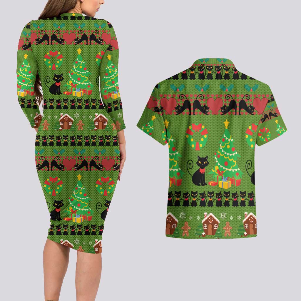 Love Black Cat Christmas Couples Matching Long Sleeve Bodycon Dress and Hawaiian Shirt Xmas Holiday Patterns - Wonder Print Shop
