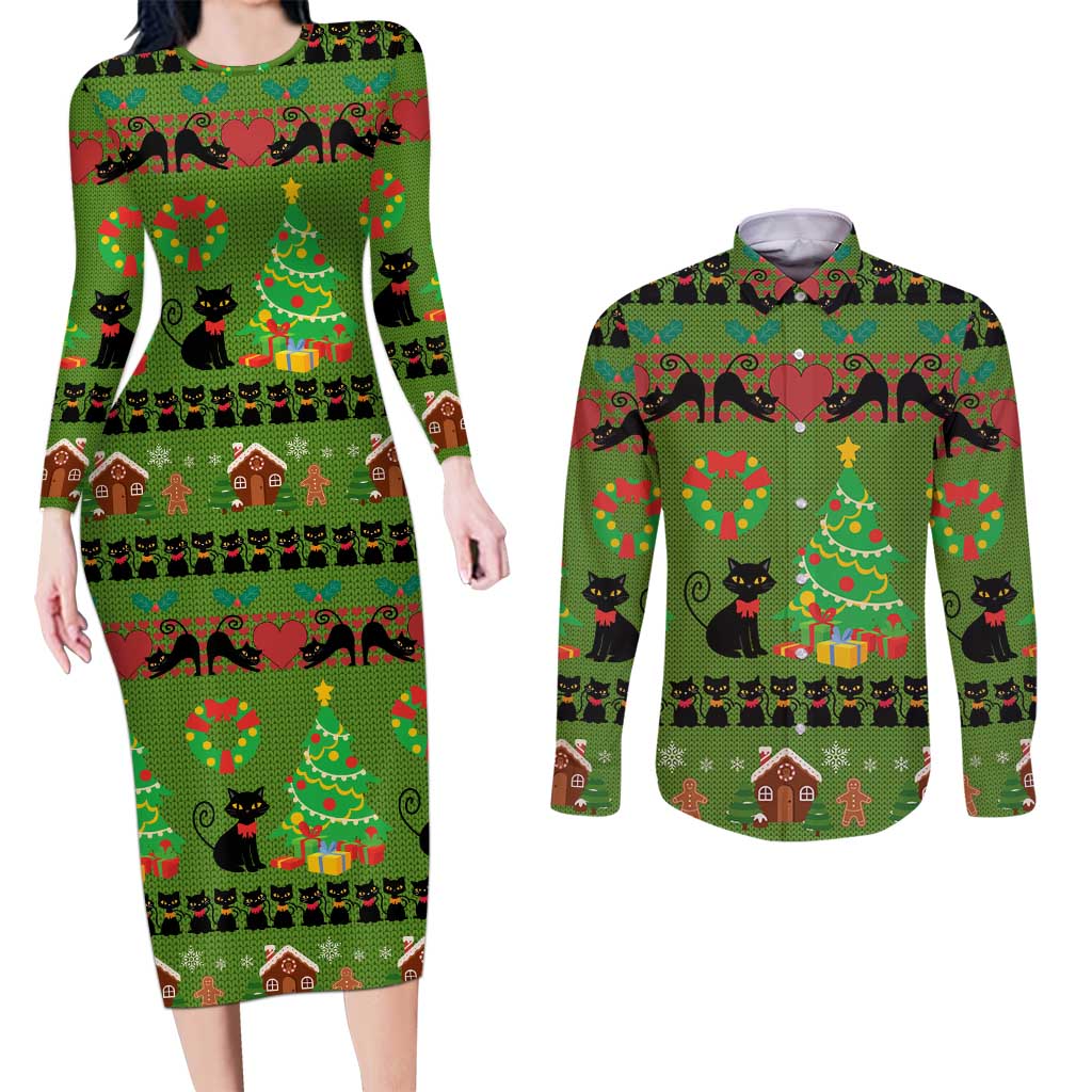 Love Black Cat Christmas Couples Matching Long Sleeve Bodycon Dress and Long Sleeve Button Shirt Xmas Holiday Patterns - Wonder Print Shop