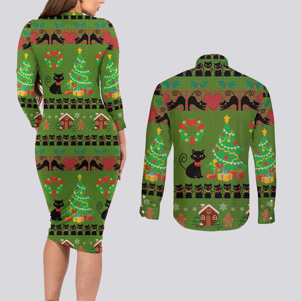 Love Black Cat Christmas Couples Matching Long Sleeve Bodycon Dress and Long Sleeve Button Shirt Xmas Holiday Patterns - Wonder Print Shop