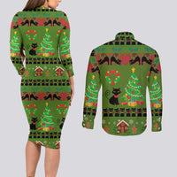 Love Black Cat Christmas Couples Matching Long Sleeve Bodycon Dress and Long Sleeve Button Shirt Xmas Holiday Patterns - Wonder Print Shop