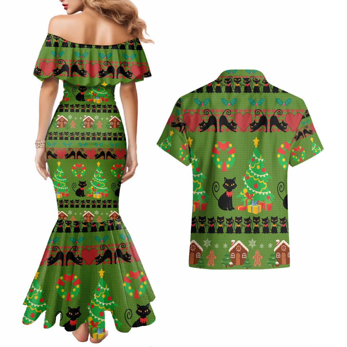 Love Black Cat Christmas Couples Matching Mermaid Dress and Hawaiian Shirt Xmas Holiday Patterns - Wonder Print Shop