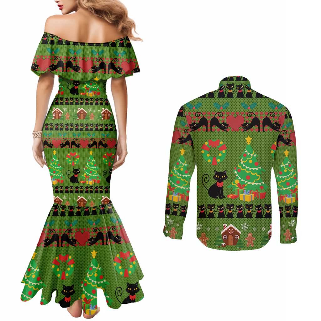 Love Black Cat Christmas Couples Matching Mermaid Dress and Long Sleeve Button Shirt Xmas Holiday Patterns - Wonder Print Shop