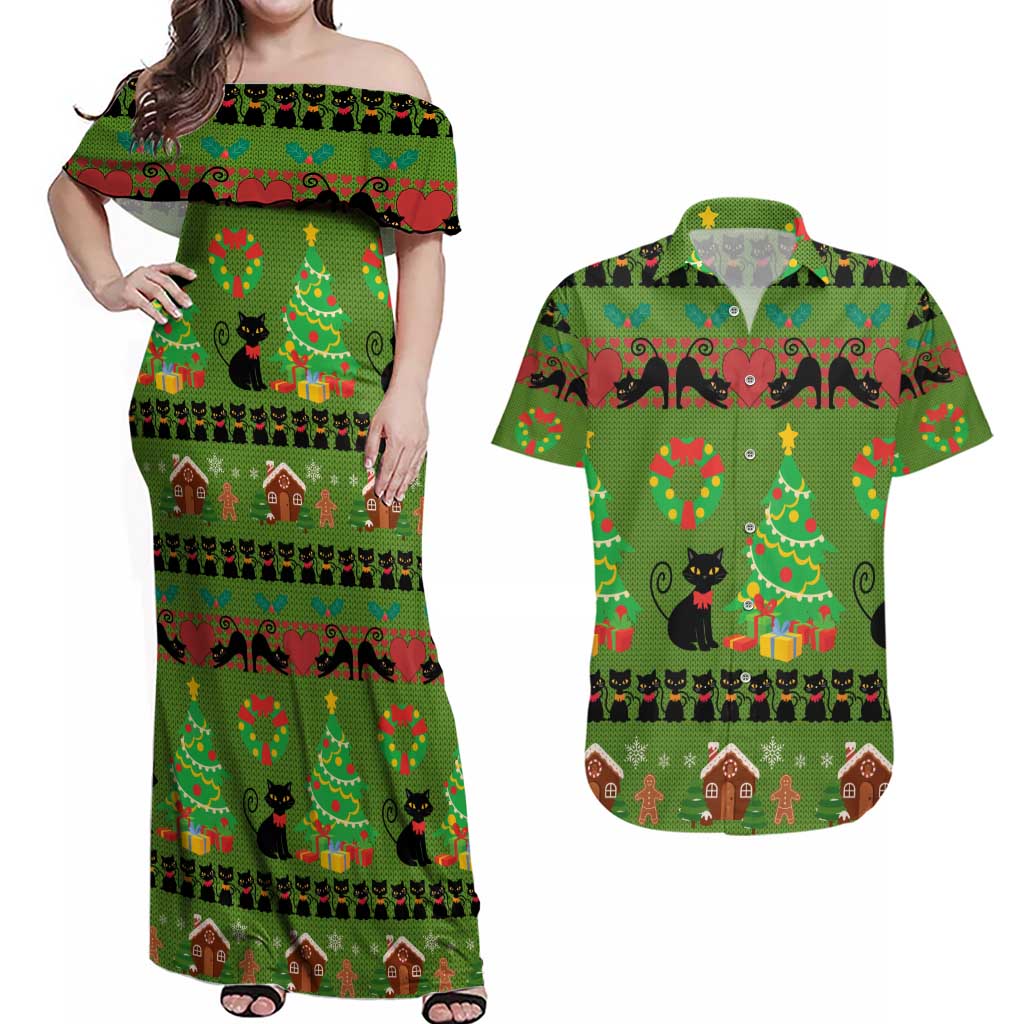 Love Black Cat Christmas Couples Matching Off Shoulder Maxi Dress and Hawaiian Shirt Xmas Holiday Patterns - Wonder Print Shop