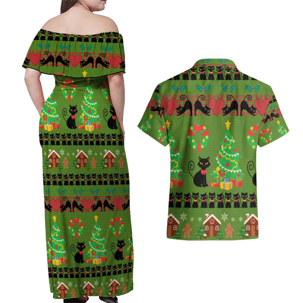 Love Black Cat Christmas Couples Matching Off Shoulder Maxi Dress and Hawaiian Shirt Xmas Holiday Patterns - Wonder Print Shop