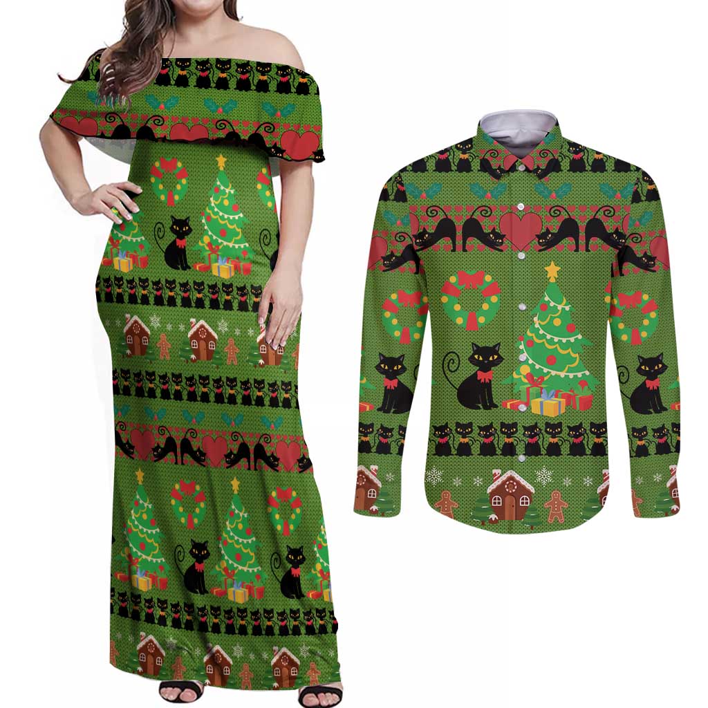 Love Black Cat Christmas Couples Matching Off Shoulder Maxi Dress and Long Sleeve Button Shirt Xmas Holiday Patterns - Wonder Print Shop