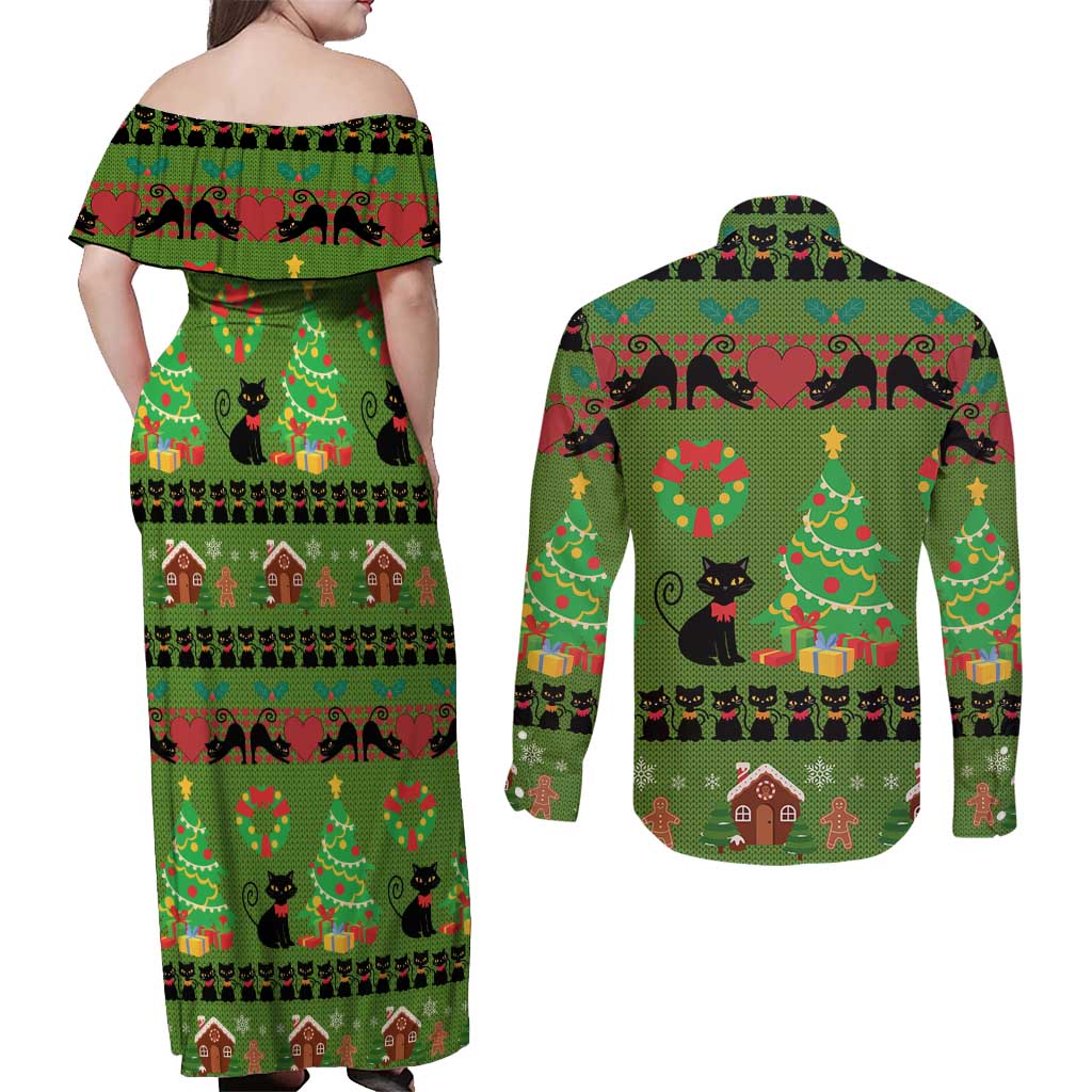 Love Black Cat Christmas Couples Matching Off Shoulder Maxi Dress and Long Sleeve Button Shirt Xmas Holiday Patterns - Wonder Print Shop
