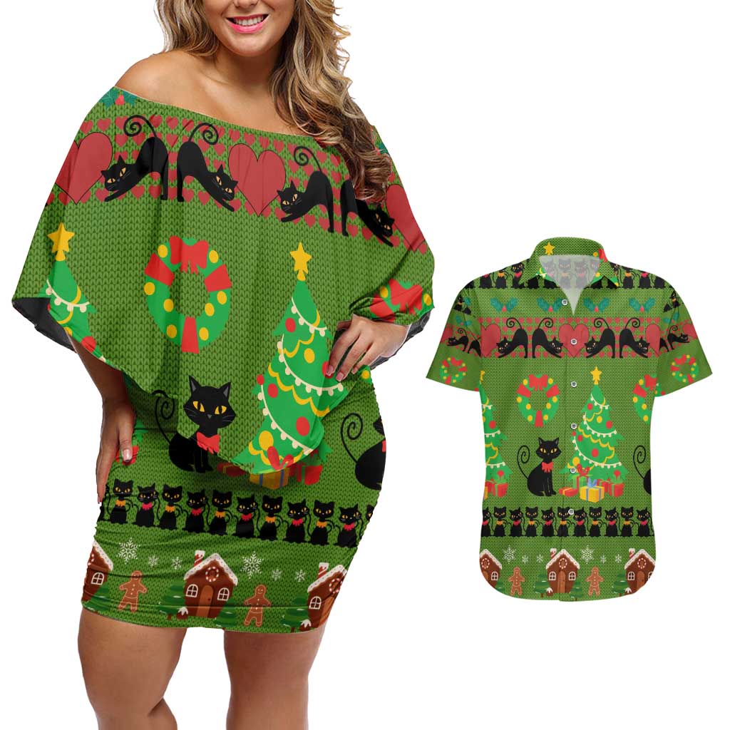 Love Black Cat Christmas Couples Matching Off Shoulder Short Dress and Hawaiian Shirt Xmas Holiday Patterns - Wonder Print Shop
