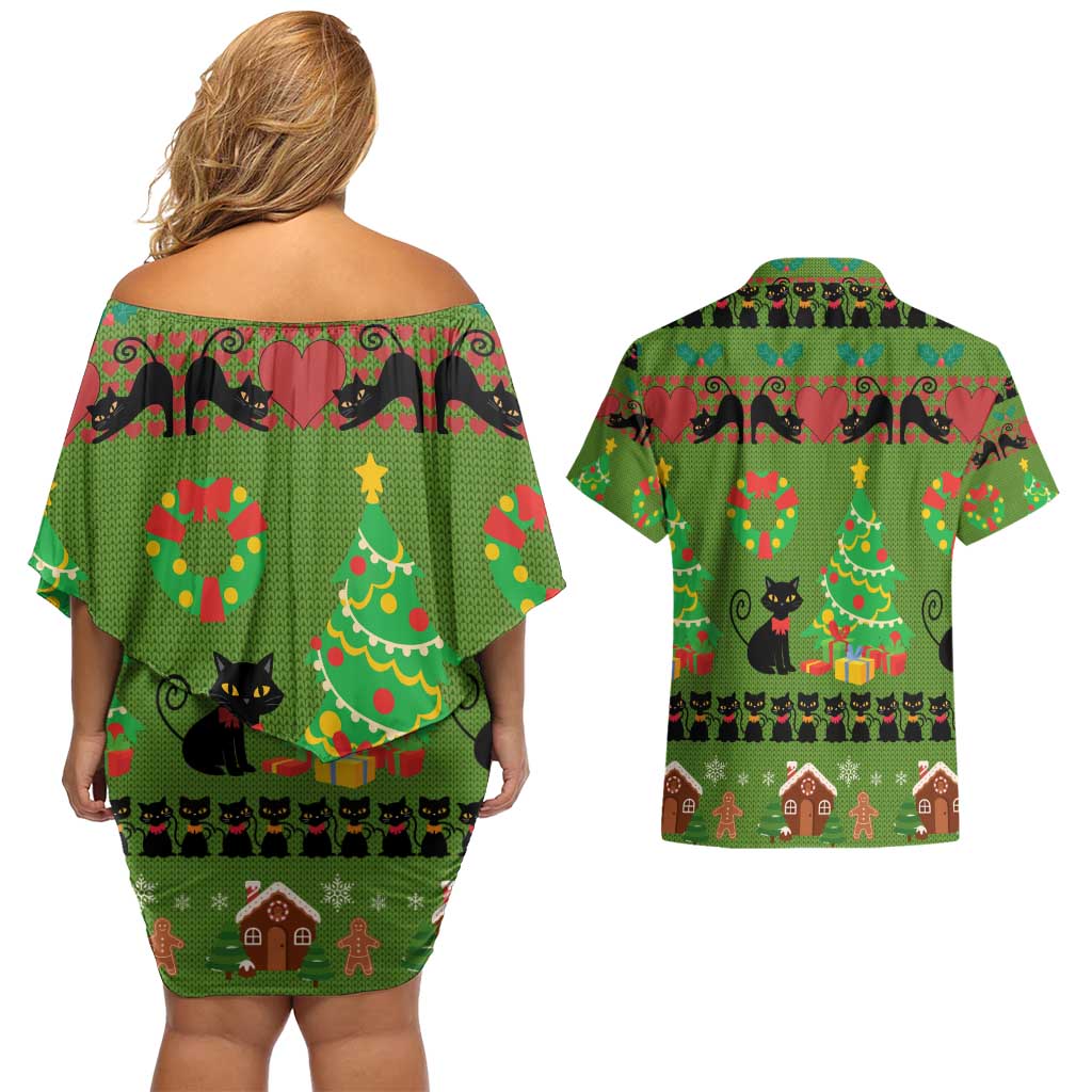 Love Black Cat Christmas Couples Matching Off Shoulder Short Dress and Hawaiian Shirt Xmas Holiday Patterns - Wonder Print Shop
