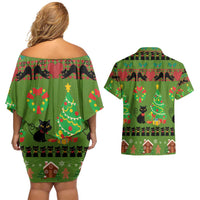 Love Black Cat Christmas Couples Matching Off Shoulder Short Dress and Hawaiian Shirt Xmas Holiday Patterns - Wonder Print Shop