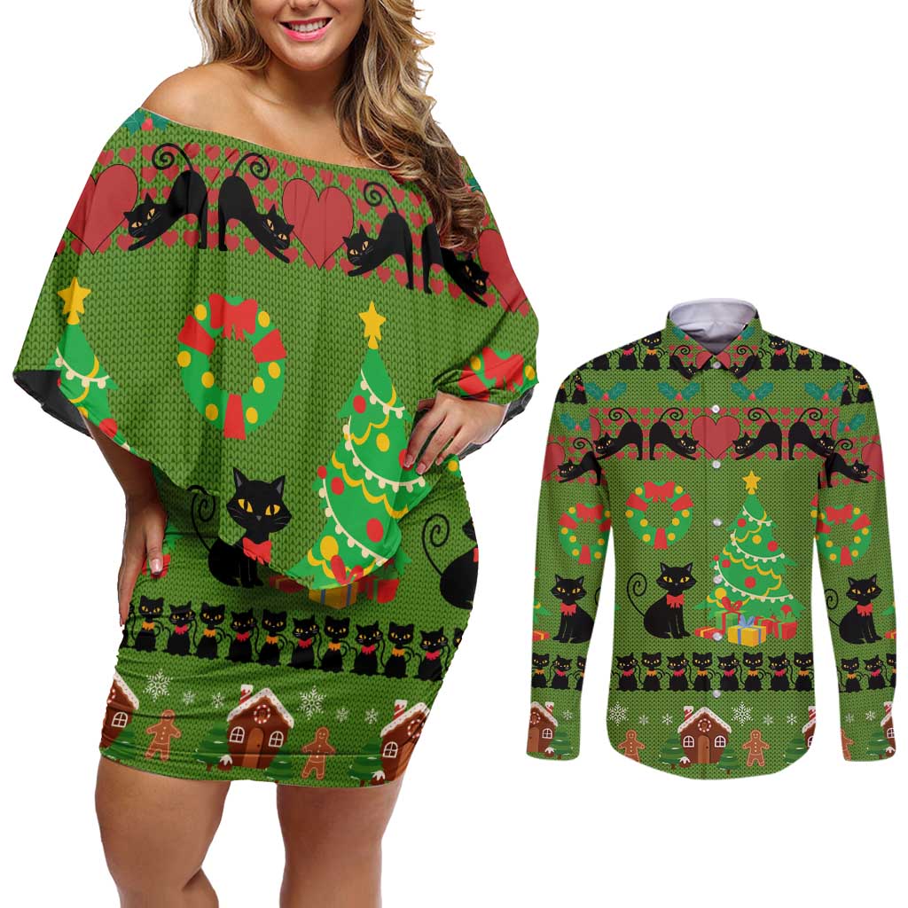 Love Black Cat Christmas Couples Matching Off Shoulder Short Dress and Long Sleeve Button Shirt Xmas Holiday Patterns - Wonder Print Shop