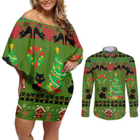 Love Black Cat Christmas Couples Matching Off Shoulder Short Dress and Long Sleeve Button Shirt Xmas Holiday Patterns - Wonder Print Shop