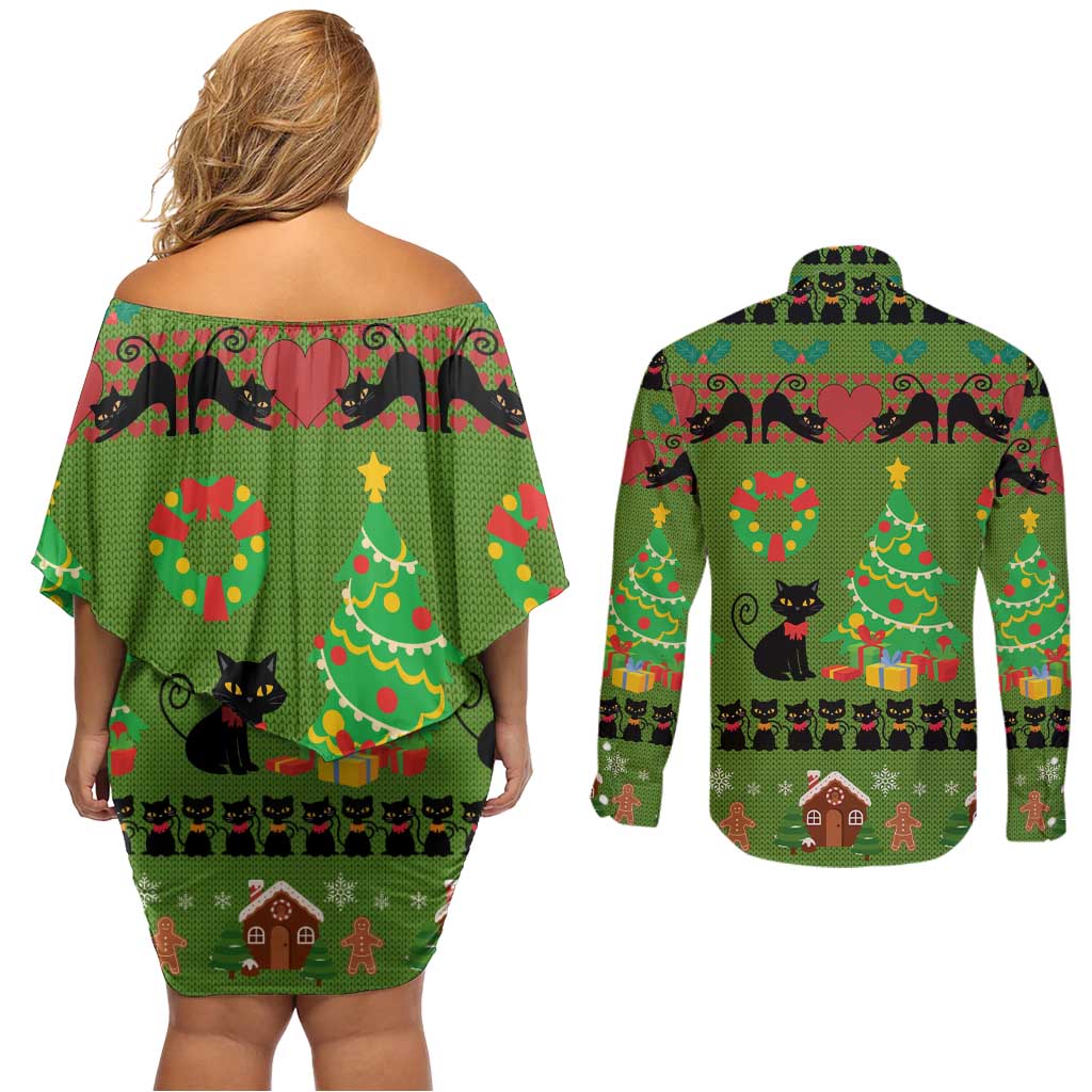 Love Black Cat Christmas Couples Matching Off Shoulder Short Dress and Long Sleeve Button Shirt Xmas Holiday Patterns - Wonder Print Shop