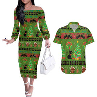 Love Black Cat Christmas Couples Matching Off The Shoulder Long Sleeve Dress and Hawaiian Shirt Xmas Holiday Patterns - Wonder Print Shop