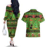 Love Black Cat Christmas Couples Matching Off The Shoulder Long Sleeve Dress and Hawaiian Shirt Xmas Holiday Patterns - Wonder Print Shop