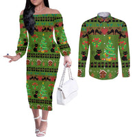 Love Black Cat Christmas Couples Matching Off The Shoulder Long Sleeve Dress and Long Sleeve Button Shirt Xmas Holiday Patterns - Wonder Print Shop