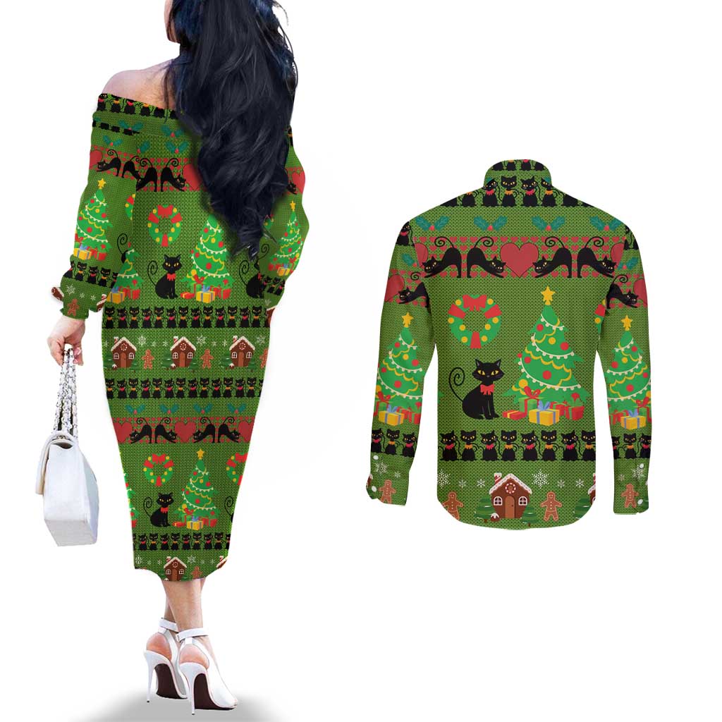 Love Black Cat Christmas Couples Matching Off The Shoulder Long Sleeve Dress and Long Sleeve Button Shirt Xmas Holiday Patterns - Wonder Print Shop