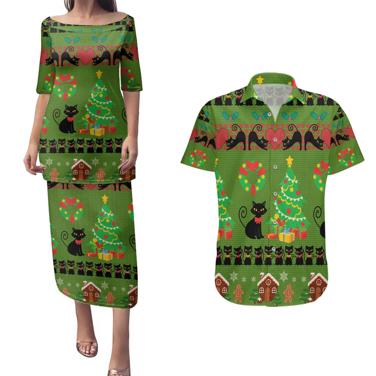 Love Black Cat Christmas Couples Matching Puletasi and Hawaiian Shirt Xmas Holiday Patterns - Wonder Print Shop