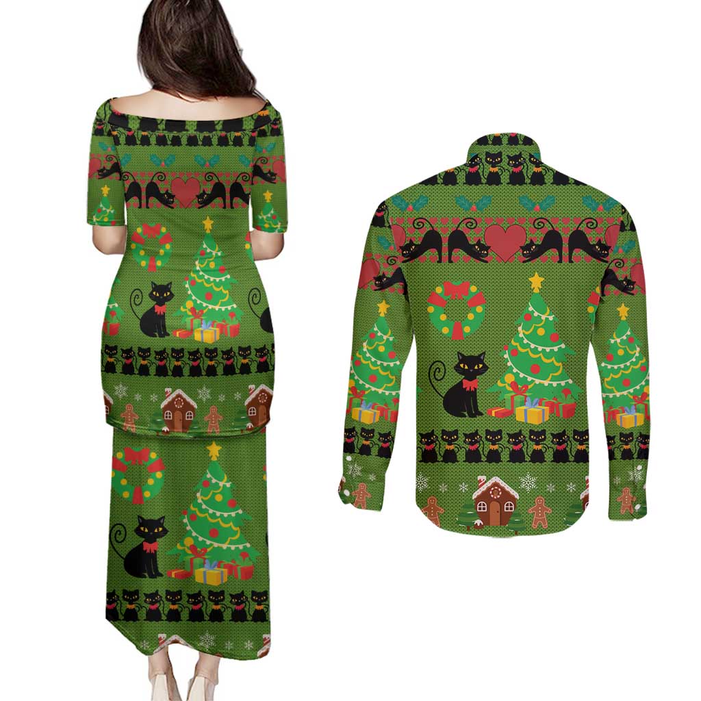 Love Black Cat Christmas Couples Matching Puletasi and Long Sleeve Button Shirt Xmas Holiday Patterns - Wonder Print Shop