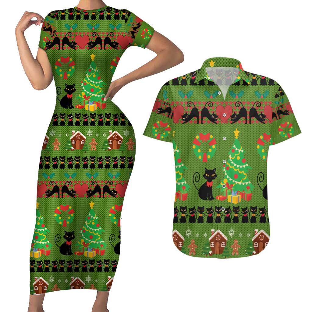 Love Black Cat Christmas Couples Matching Short Sleeve Bodycon Dress and Hawaiian Shirt Xmas Holiday Patterns - Wonder Print Shop