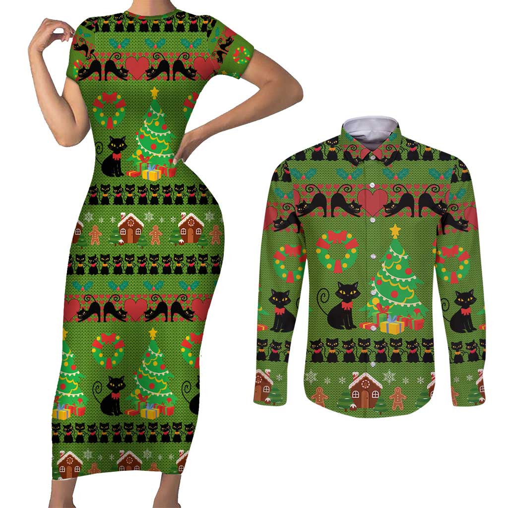Love Black Cat Christmas Couples Matching Short Sleeve Bodycon Dress and Long Sleeve Button Shirt Xmas Holiday Patterns - Wonder Print Shop
