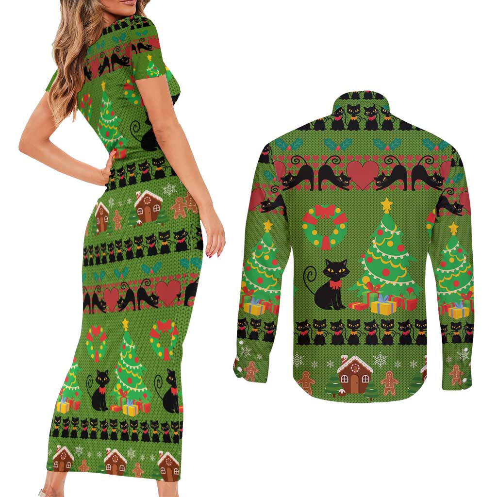 Love Black Cat Christmas Couples Matching Short Sleeve Bodycon Dress and Long Sleeve Button Shirt Xmas Holiday Patterns - Wonder Print Shop