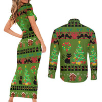 Love Black Cat Christmas Couples Matching Short Sleeve Bodycon Dress and Long Sleeve Button Shirt Xmas Holiday Patterns - Wonder Print Shop