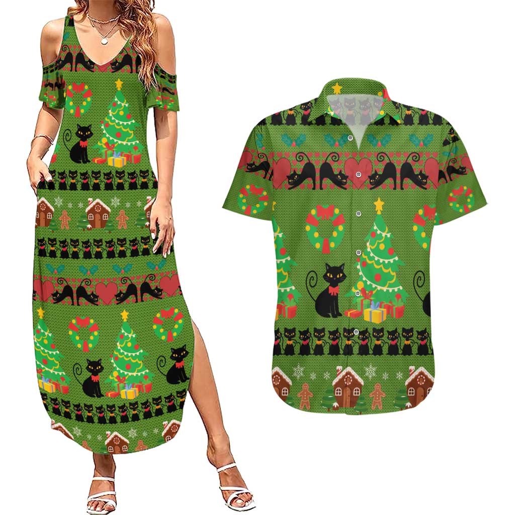 Love Black Cat Christmas Couples Matching Summer Maxi Dress and Hawaiian Shirt Xmas Holiday Patterns - Wonder Print Shop