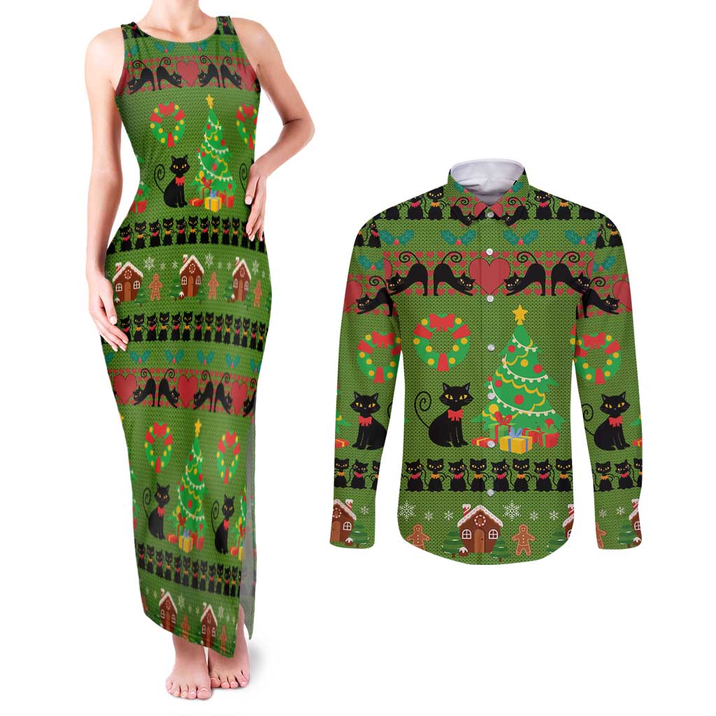 Love Black Cat Christmas Couples Matching Tank Maxi Dress and Long Sleeve Button Shirt Xmas Holiday Patterns - Wonder Print Shop