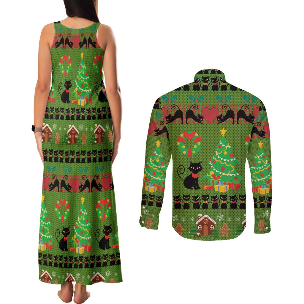 Love Black Cat Christmas Couples Matching Tank Maxi Dress and Long Sleeve Button Shirt Xmas Holiday Patterns - Wonder Print Shop