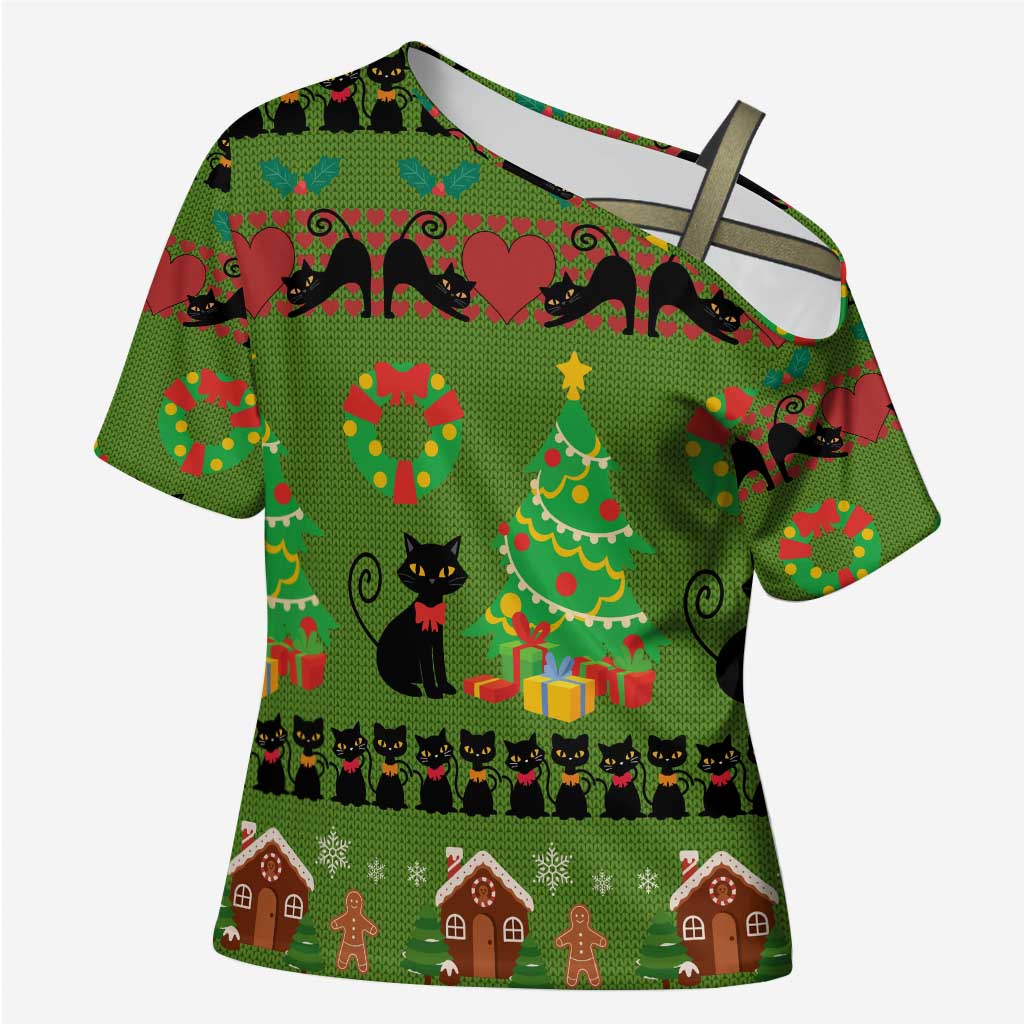 Love Black Cat Christmas Cross Shoulder Shirt Xmas Holiday Patterns - Wonder Print Shop