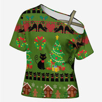 Love Black Cat Christmas Cross Shoulder Shirt Xmas Holiday Patterns - Wonder Print Shop