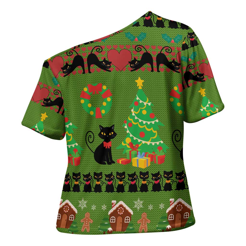 Love Black Cat Christmas Cross Shoulder Shirt Xmas Holiday Patterns - Wonder Print Shop