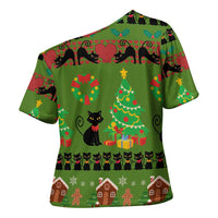 Love Black Cat Christmas Cross Shoulder Shirt Xmas Holiday Patterns - Wonder Print Shop