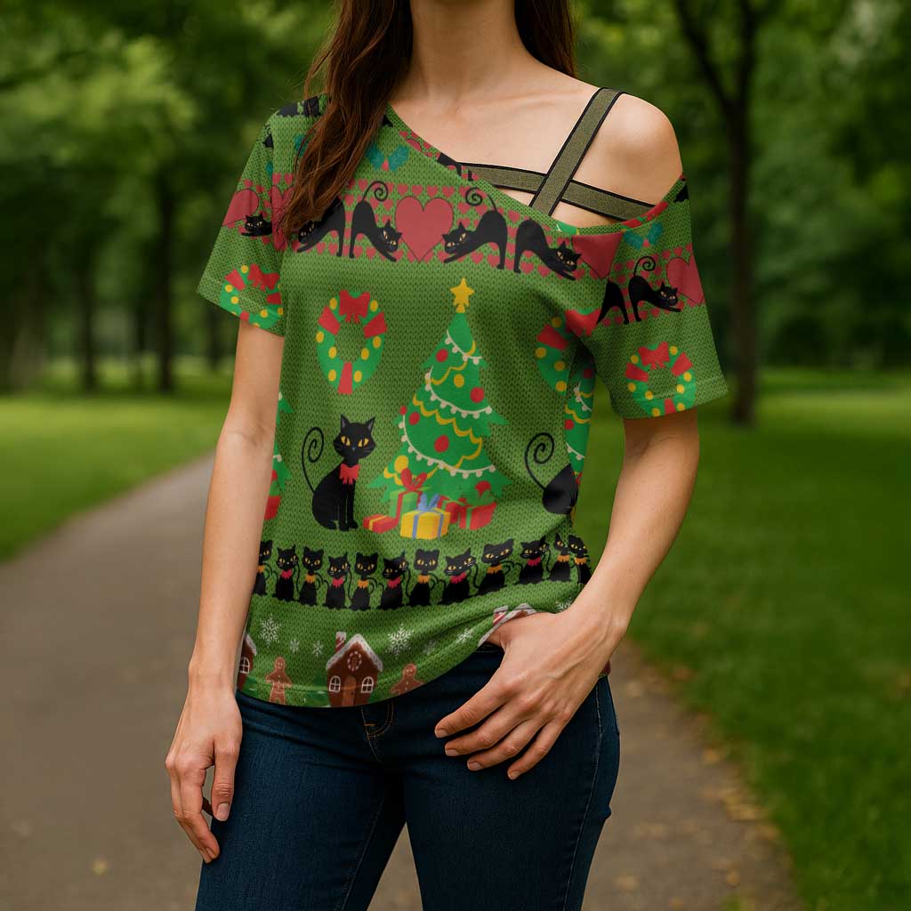 Love Black Cat Christmas Cross Shoulder Shirt Xmas Holiday Patterns - Wonder Print Shop