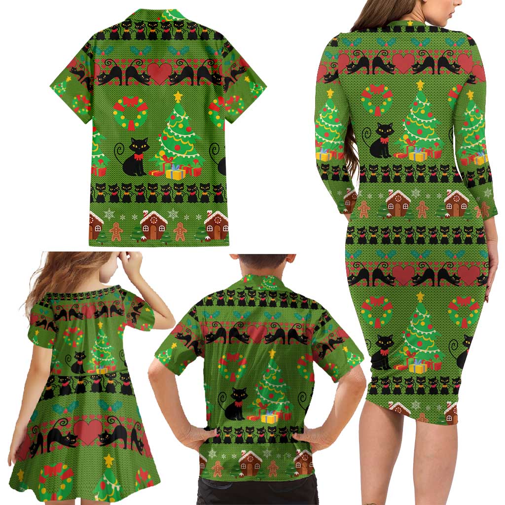 Love Black Cat Christmas Family Matching Long Sleeve Bodycon Dress and Hawaiian Shirt Xmas Holiday Patterns - Wonder Print Shop