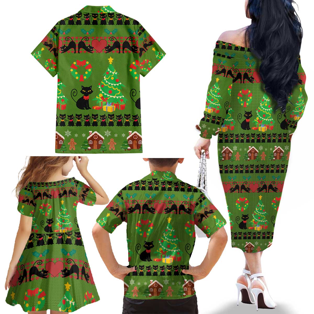 Love Black Cat Christmas Family Matching Off The Shoulder Long Sleeve Dress and Hawaiian Shirt Xmas Holiday Patterns - Wonder Print Shop