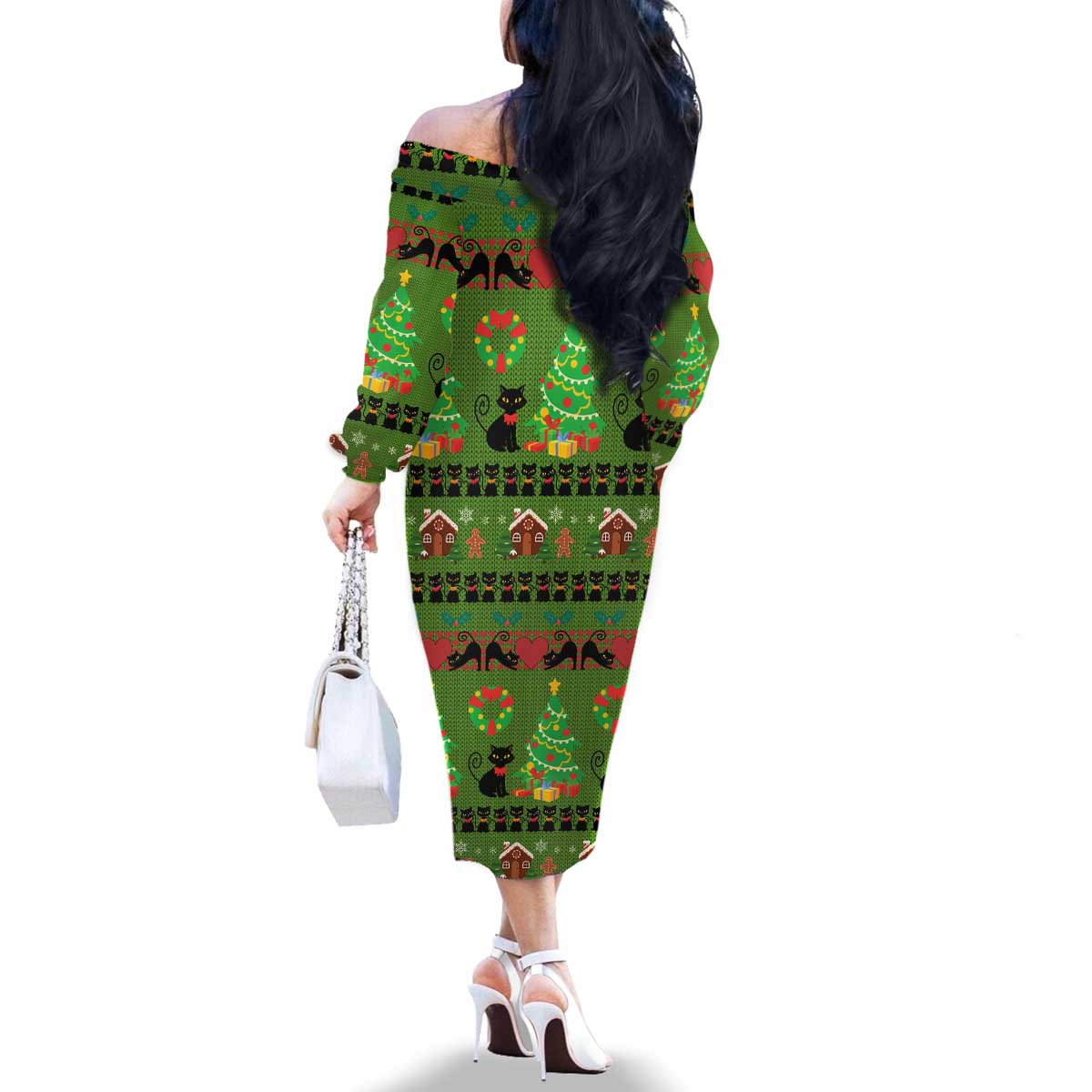 Love Black Cat Christmas Family Matching Off The Shoulder Long Sleeve Dress and Hawaiian Shirt Xmas Holiday Patterns - Wonder Print Shop