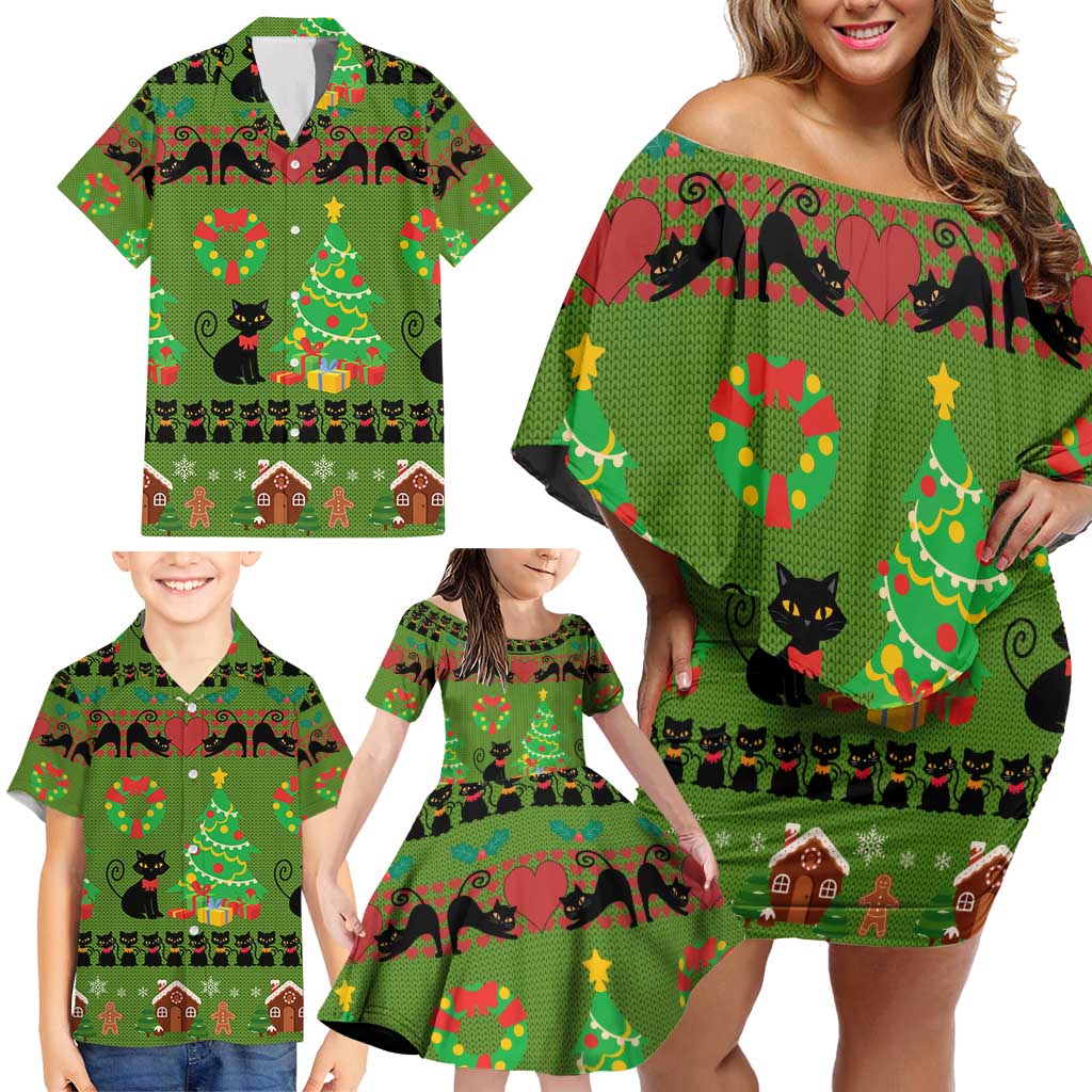 Love Black Cat Christmas Family Matching Off Shoulder Short Dress and Hawaiian Shirt Xmas Holiday Patterns - Wonder Print Shop