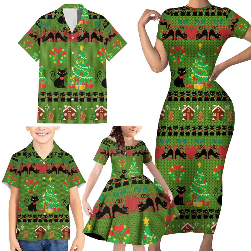 Love Black Cat Christmas Family Matching Short Sleeve Bodycon Dress and Hawaiian Shirt Xmas Holiday Patterns - Wonder Print Shop