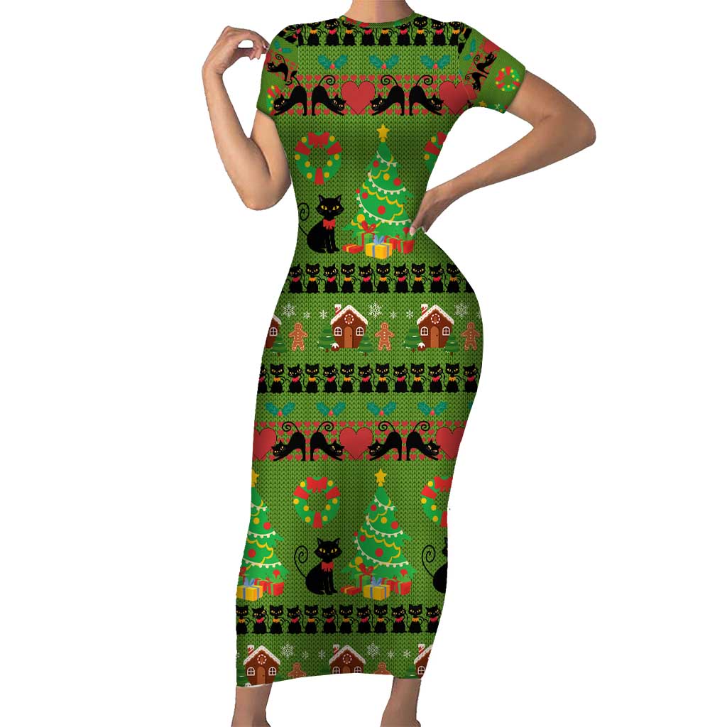 Love Black Cat Christmas Family Matching Short Sleeve Bodycon Dress and Hawaiian Shirt Xmas Holiday Patterns - Wonder Print Shop