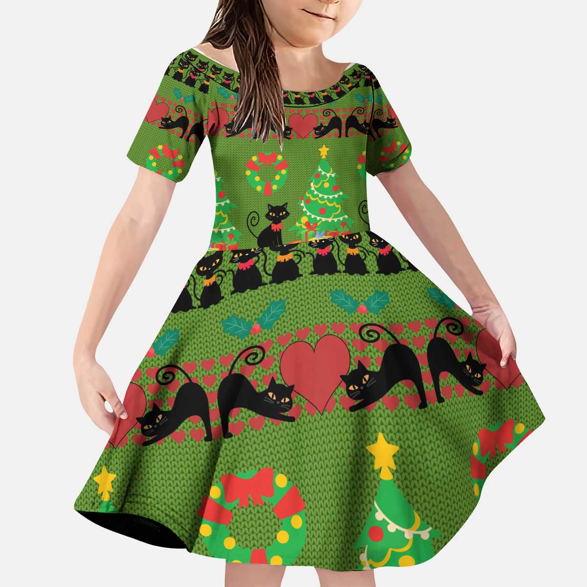 Love Black Cat Christmas Kid Short Sleeve Dress Xmas Holiday Patterns - Wonder Print Shop
