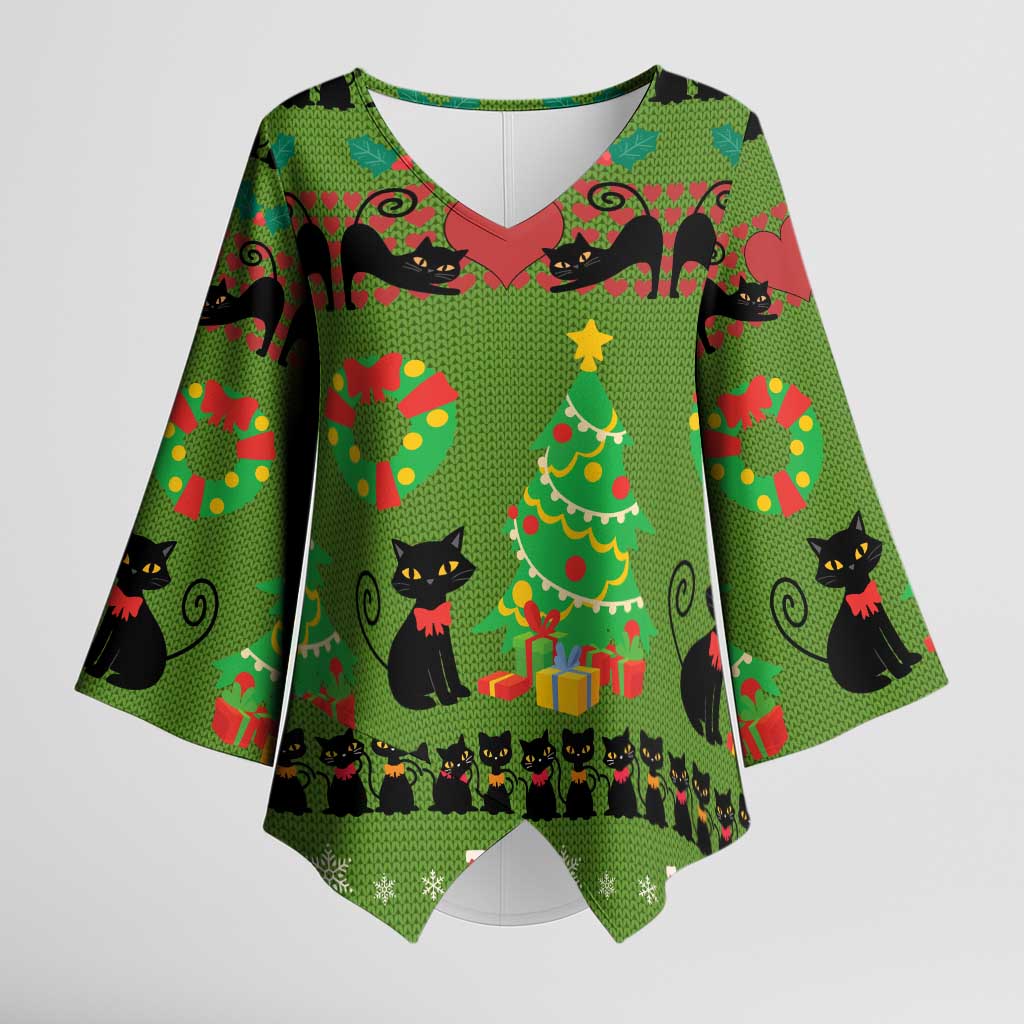 Love Black Cat Christmas Kimono Sleeve Blouse Xmas Holiday Patterns - Wonder Print Shop