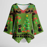 Love Black Cat Christmas Kimono Sleeve Blouse Xmas Holiday Patterns - Wonder Print Shop